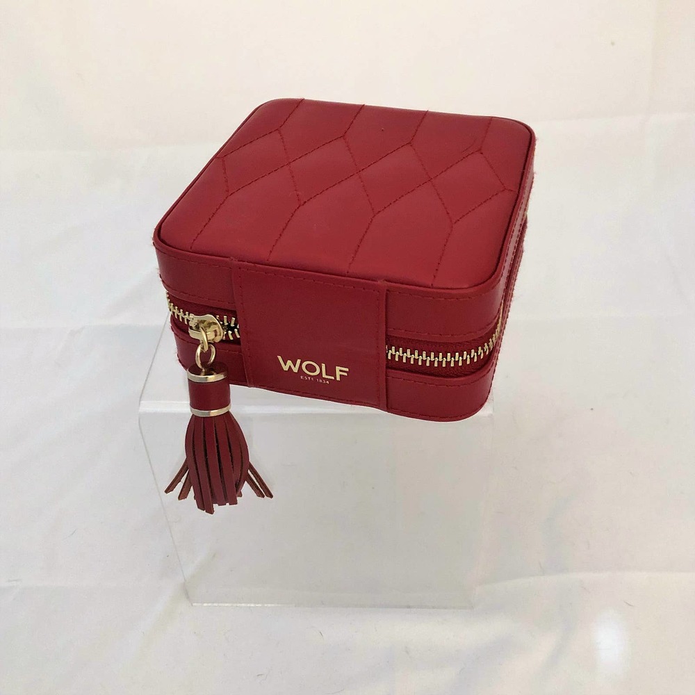 Wolf 1834 Caroline red leather travel jewelry case EUC suitcase compact train